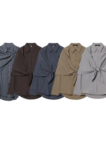 Draped Plaid Tie Front Button Shirt