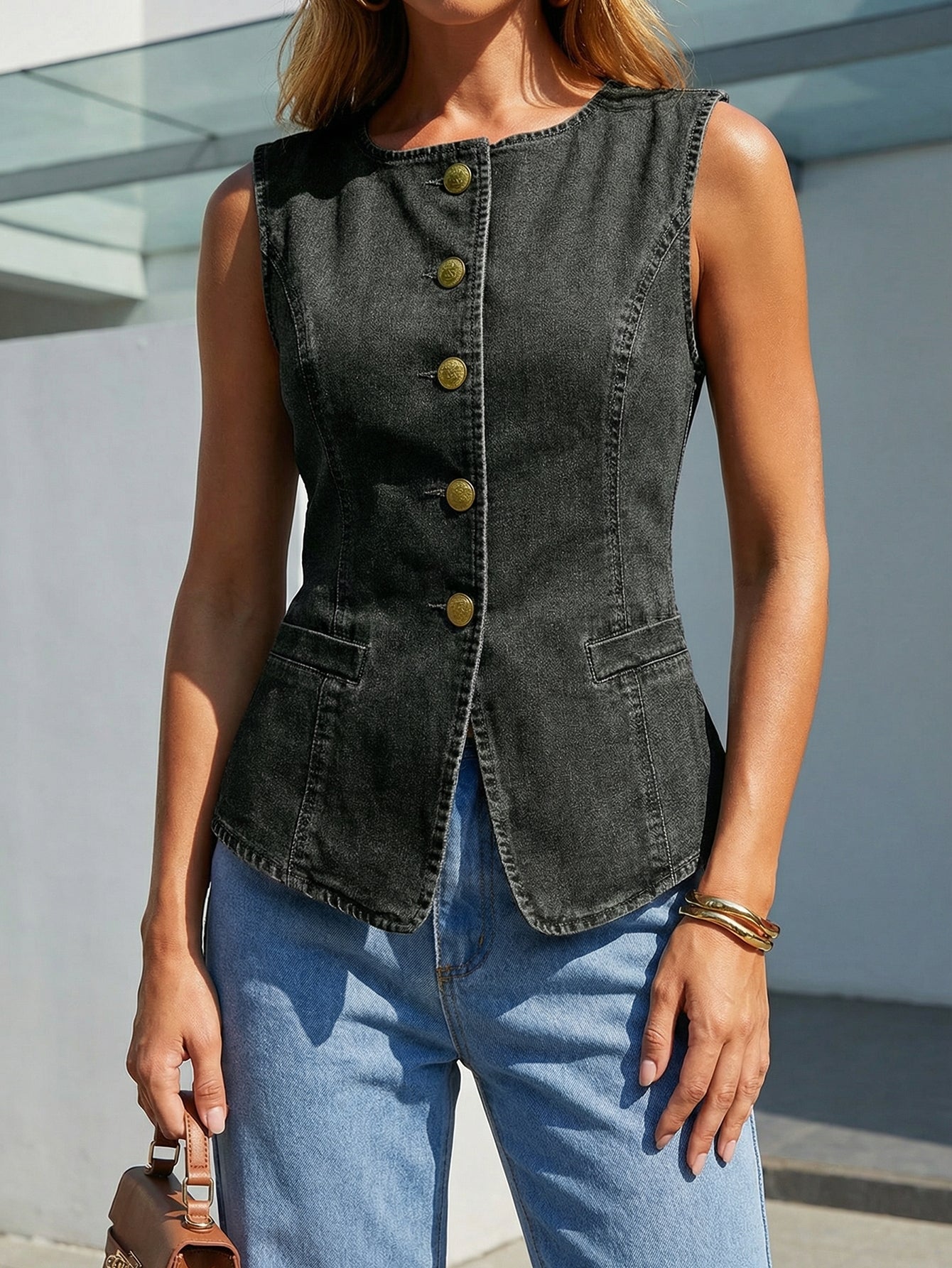 Sleeveless Gold-Button Chic Denim Vest-Black