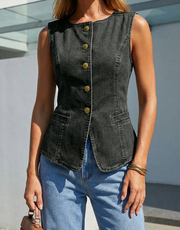 Sleeveless Gold-Button Chic Denim Vest-Black