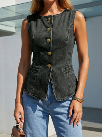 Sleeveless Gold-Button Chic Denim Vest-Black