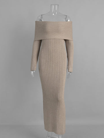 Off Shoulder Ribbed Knit Maxi Dress
