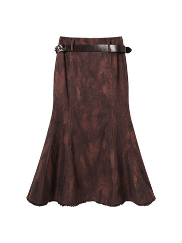 Faux Suede Distressed Midi Skirt