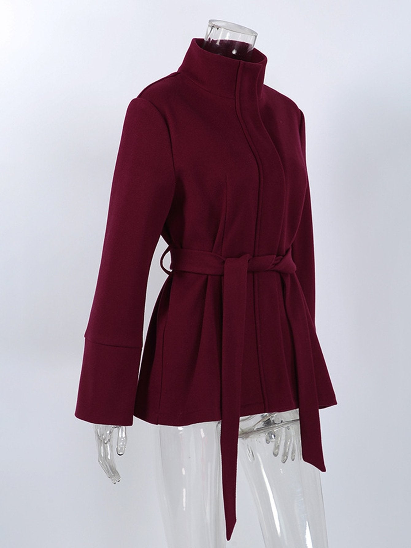 Stand Collar Belted Wool Coat