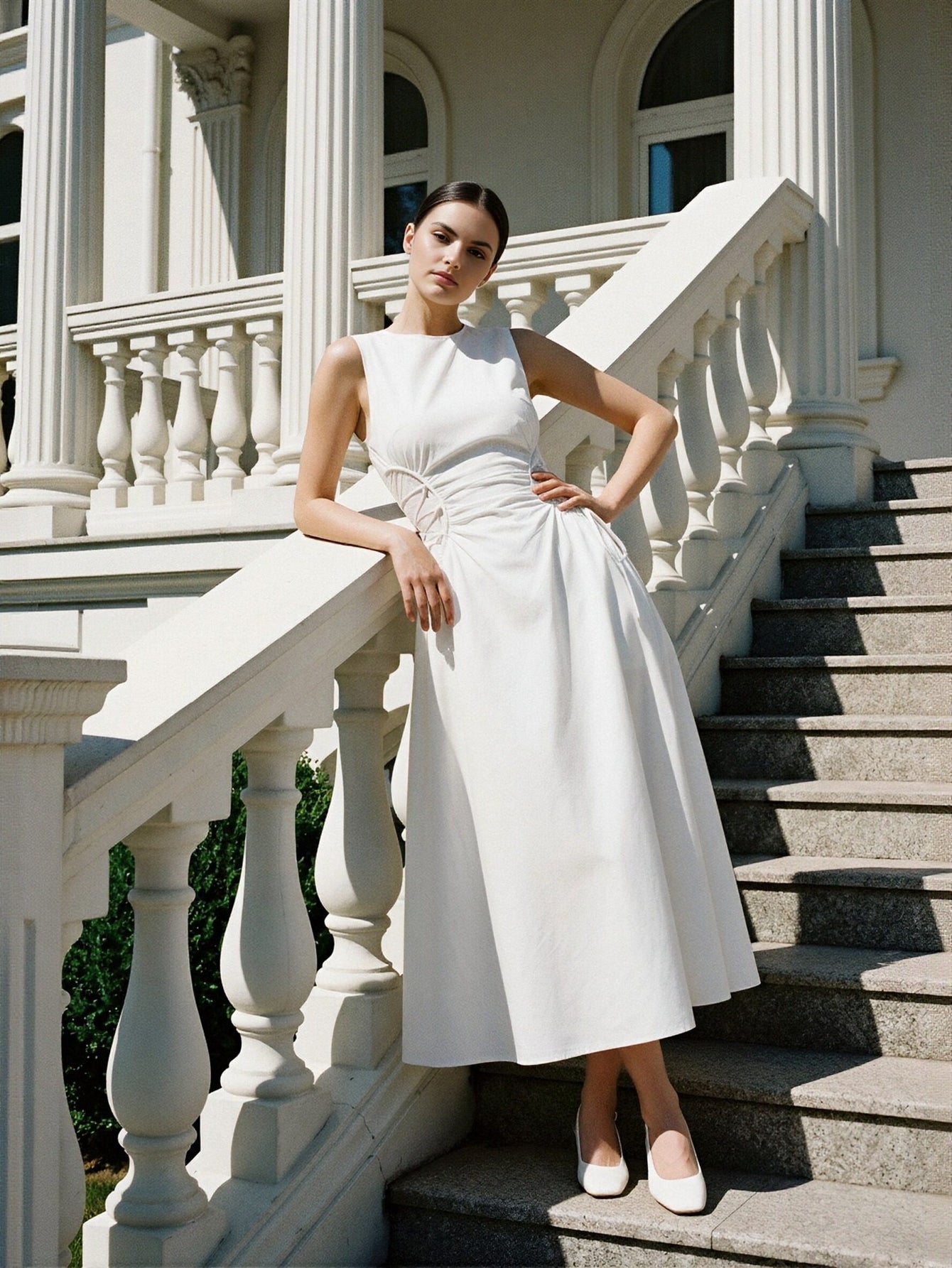 Sleeveless Side-Tie Minimalist Midi Dress-White