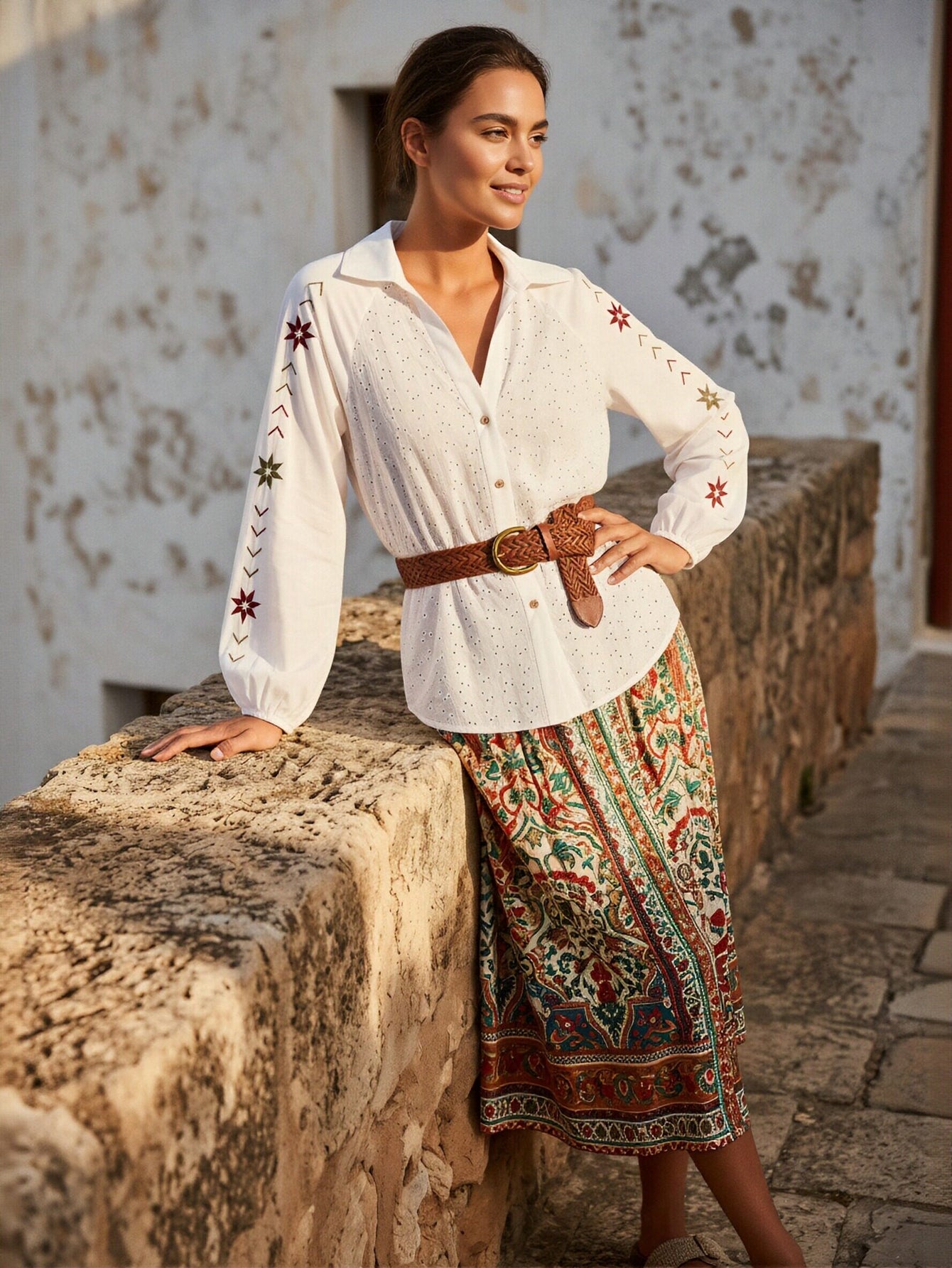 Embroidered Eyelet Button Down Shirt