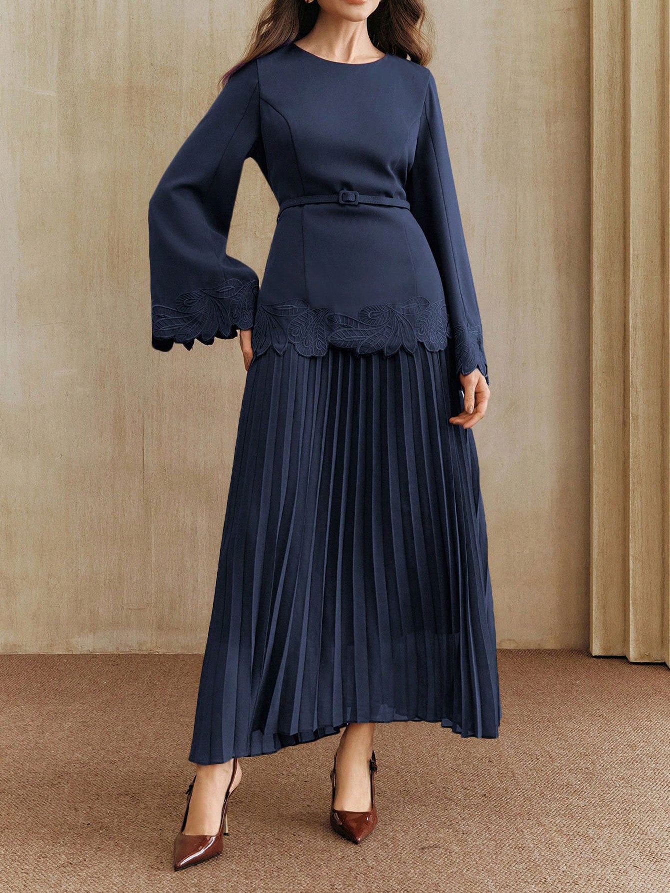 Embroidered Belted Pleated Midi Dress