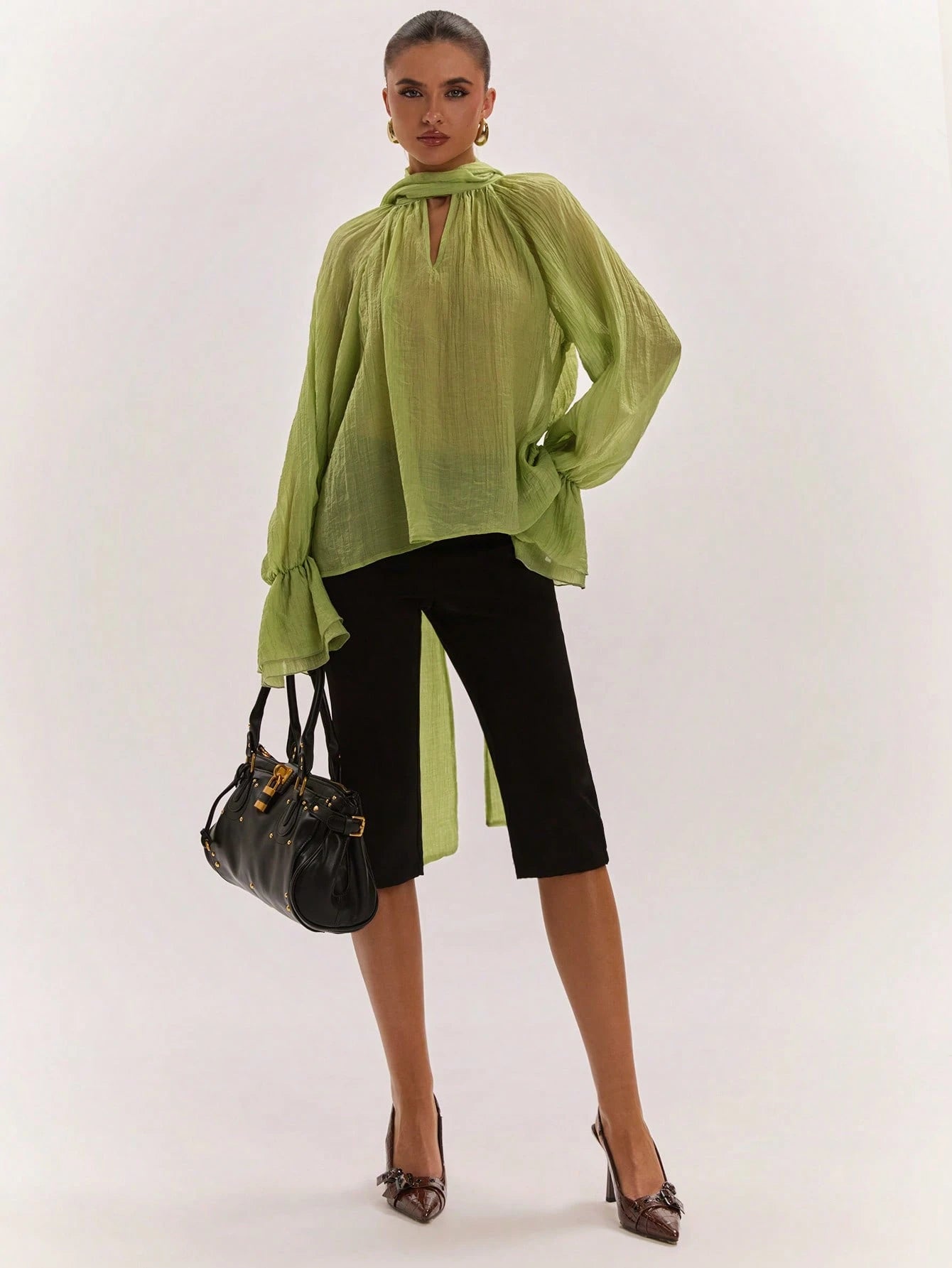 Sheer Flowy Bell Sleeve Blouse