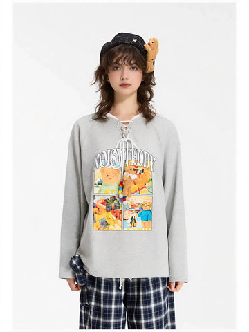 Graphic Lace Up Teddy Sweatshirt