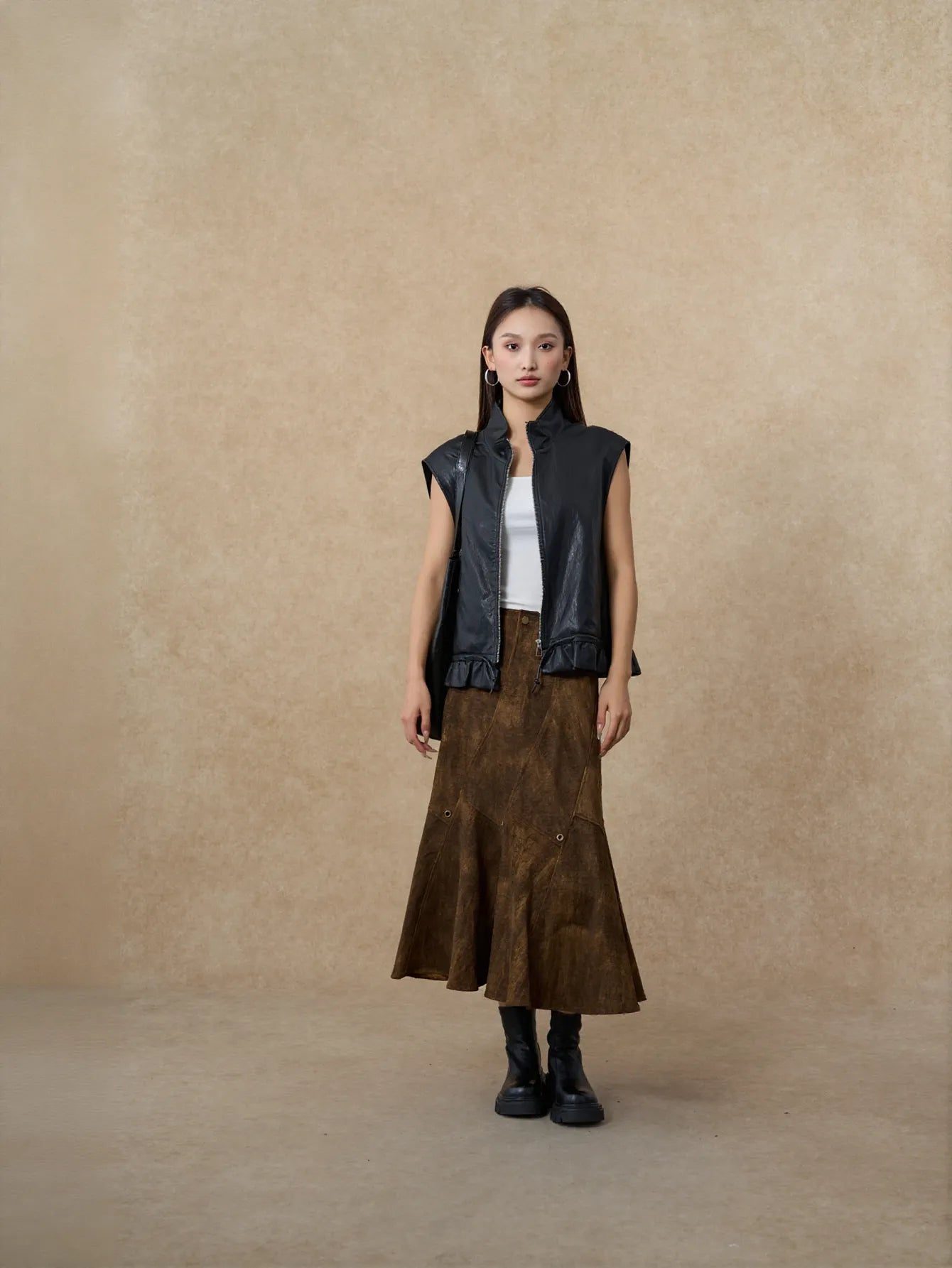 Vintage Distressed Faux Suede Midi Skirt