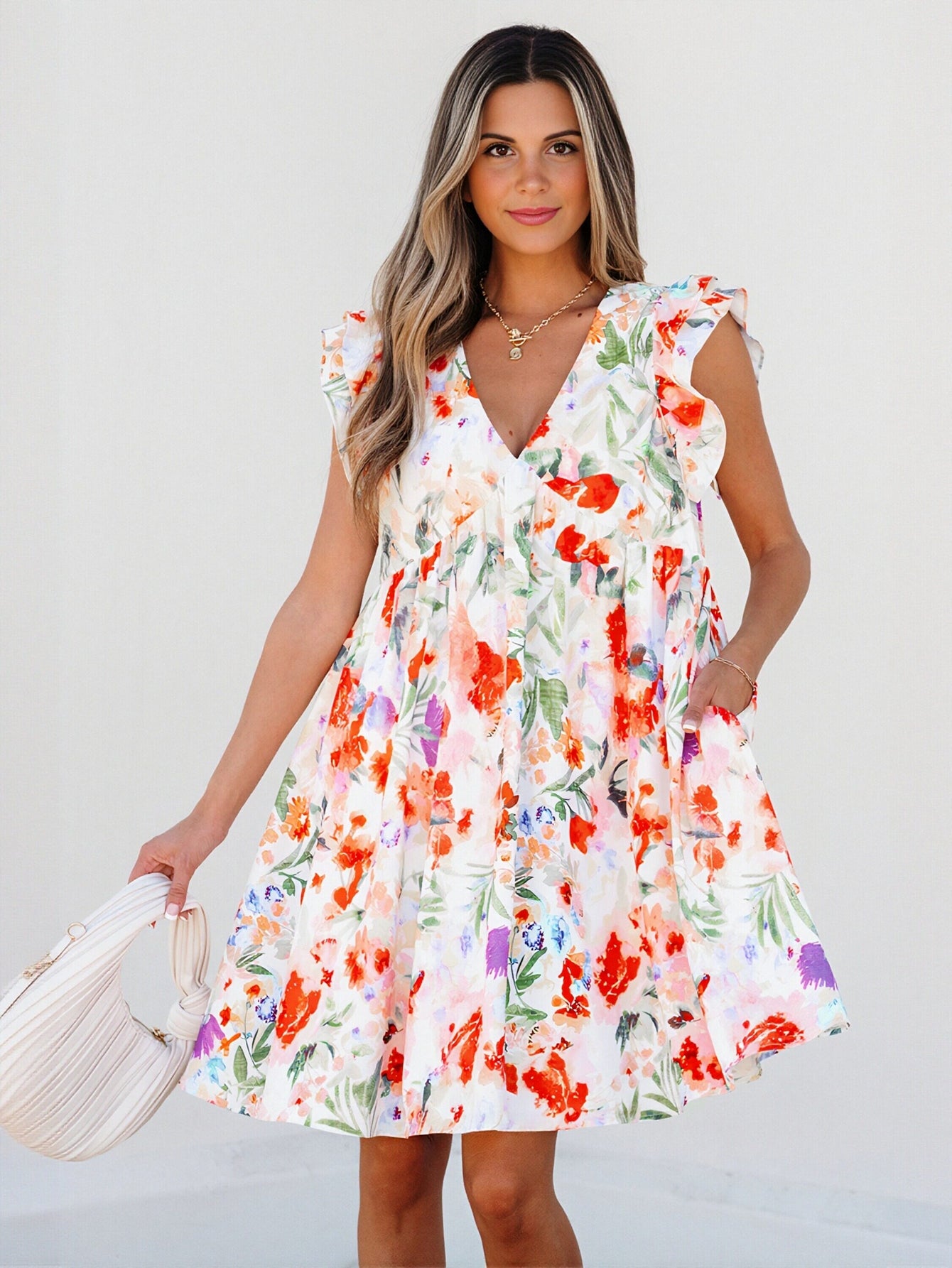 Floral Ruffle Sleeve V Neck Dress