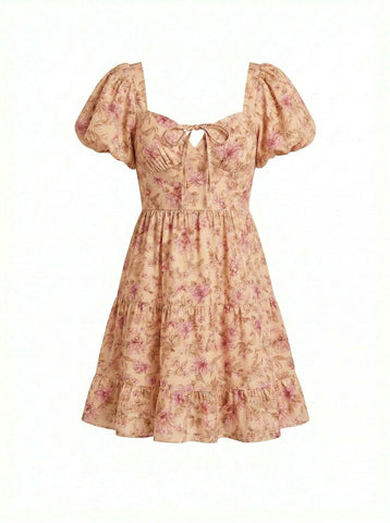 AYLA Floral Print Puff Sleeve Tiered Mini Dress