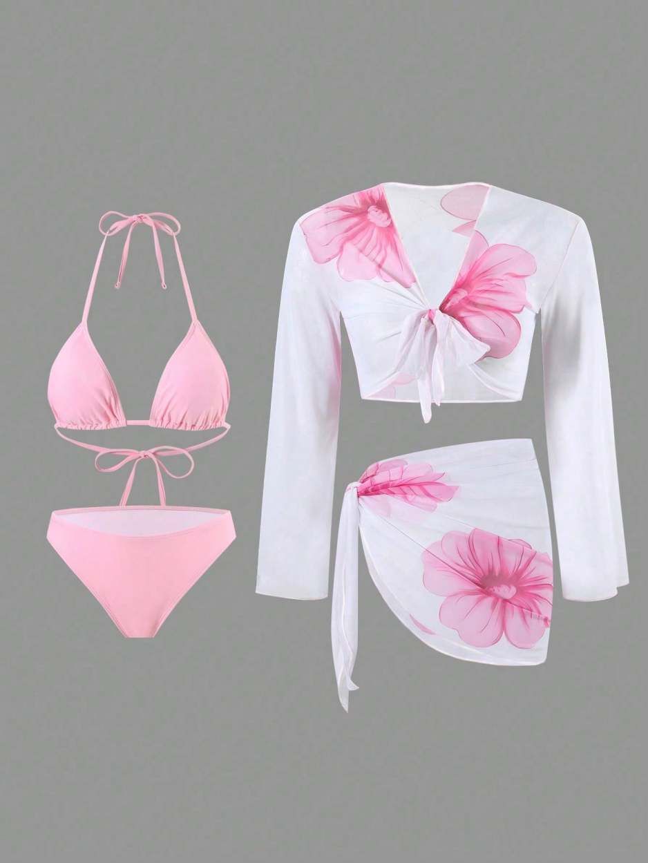 Floral Print Tie Front Swimsuit Set