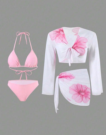 Floral Print Tie Front Swimsuit Set