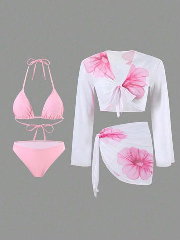 Floral Print Tie Front Swimsuit Set