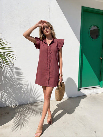 Ruffle Trim Button Front Denim Mini Dress