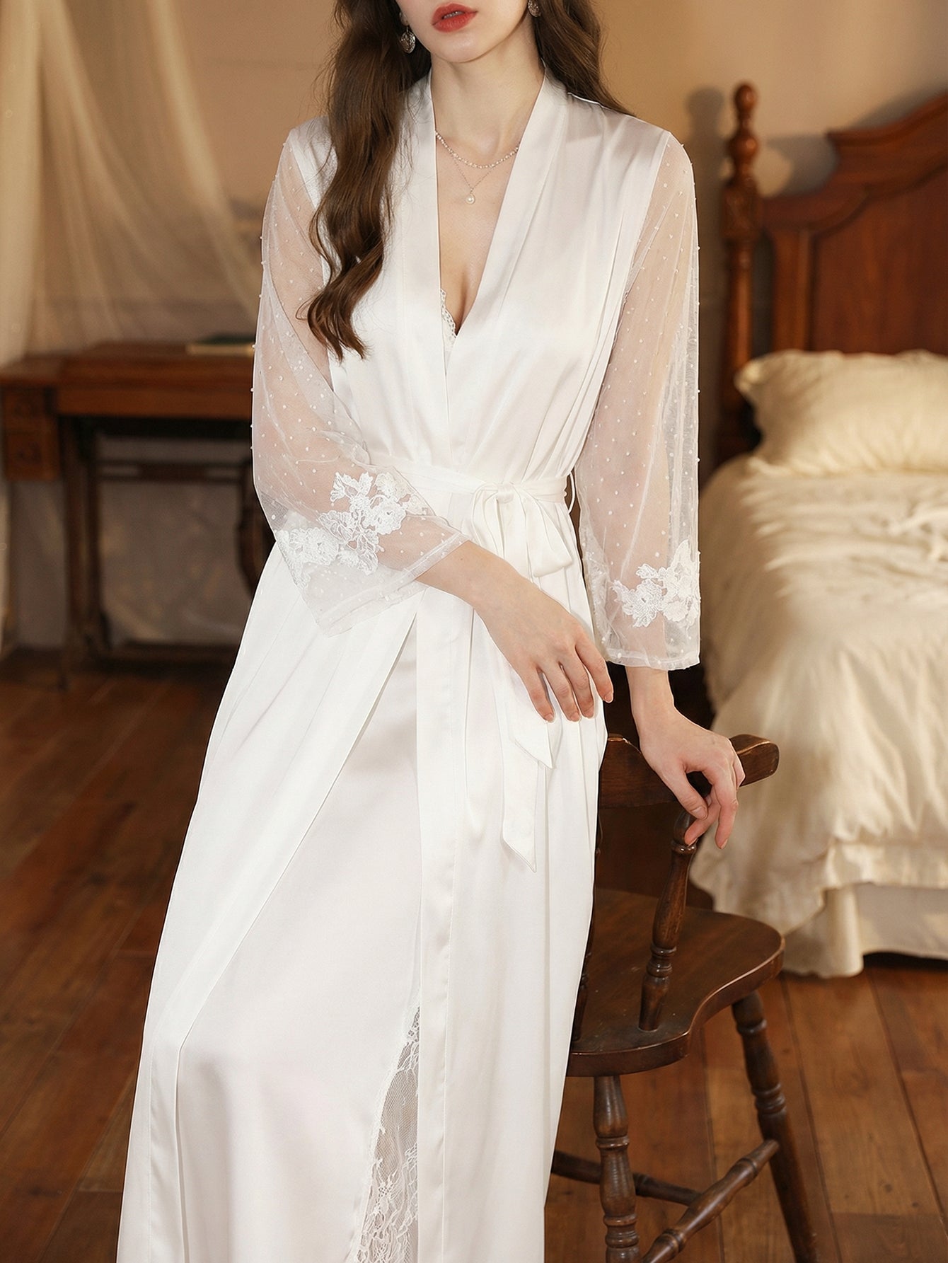 Long Satin Lace-Sleeve Elegant Robe