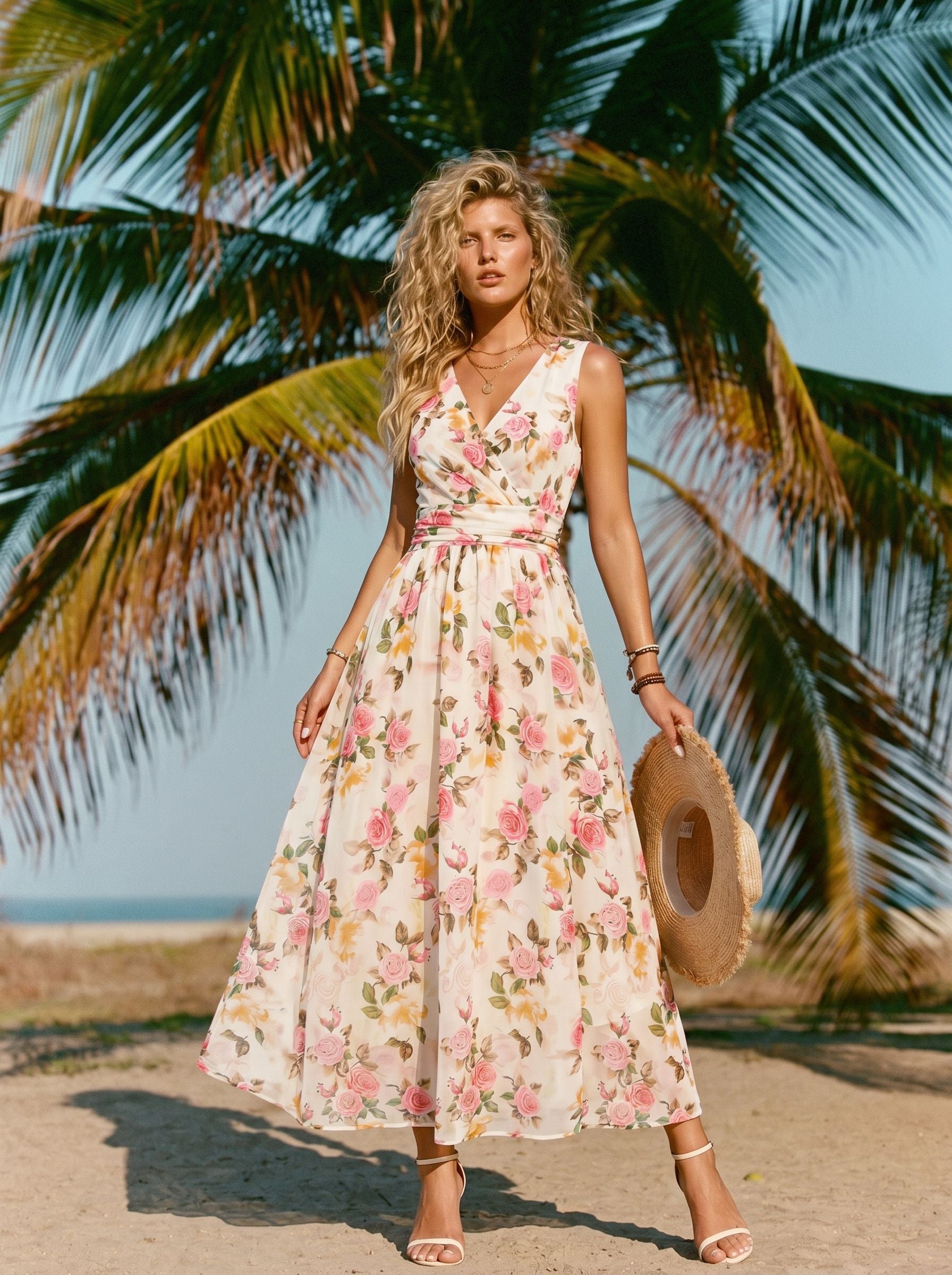 Floral Print V Neck Maxi Dress