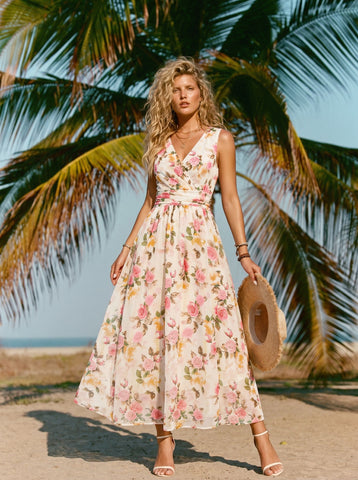 Floral Print V Neck Maxi Dress