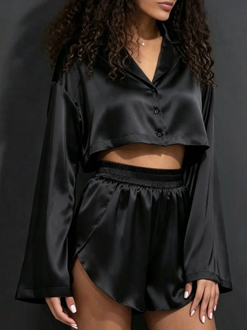 Satin Cropped Flare Lounge Set