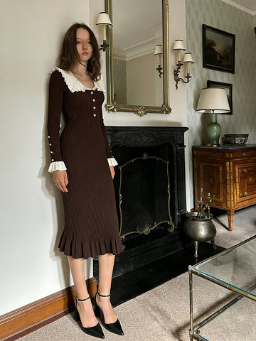 Vintage Collared Ruffle Knit Dress