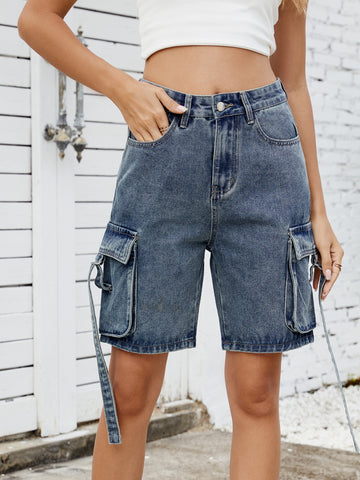 High Waisted Cargo Denim Shorts