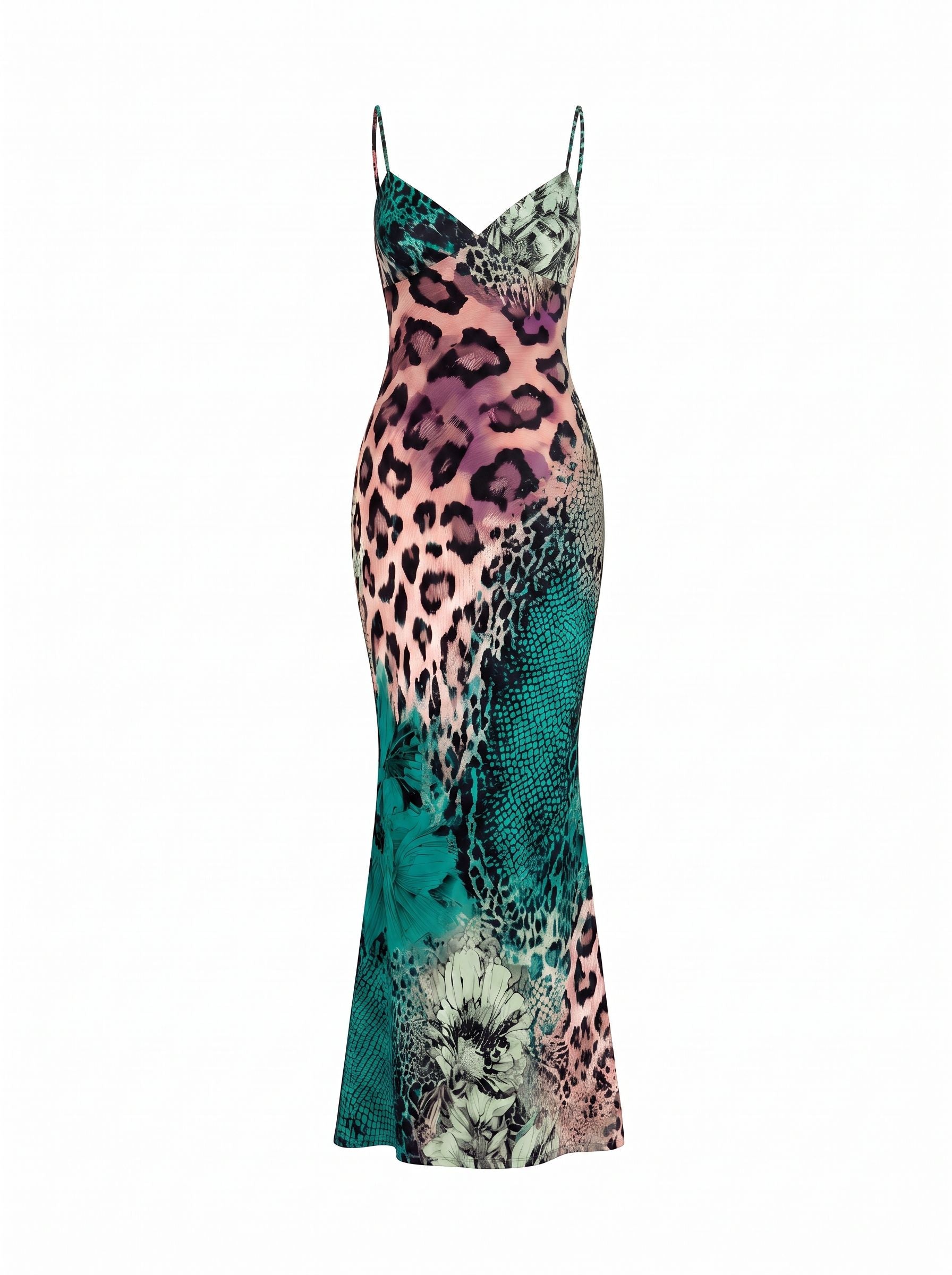 KIRA Leopard and Snakeskin Print Spaghetti Strap Bodycon Maxi Dress