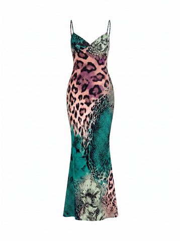 KIRA Leopard and Snakeskin Print Spaghetti Strap Bodycon Maxi Dress