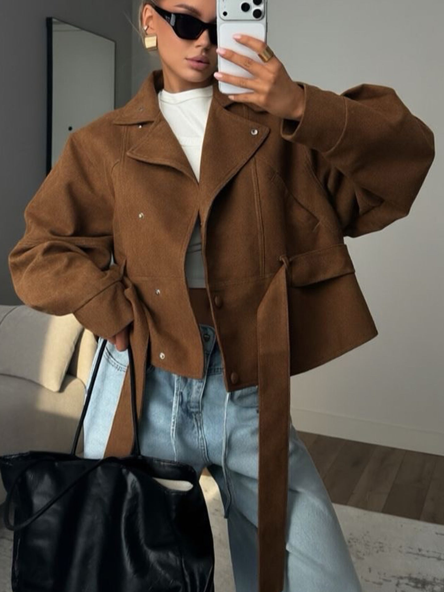 Oversized Belted Suede Moto Jacket
