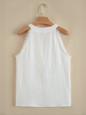 Lace Trim Textured Sleeveless Blouse