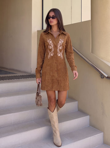 Embroidered Suede Button Down Mini Dress