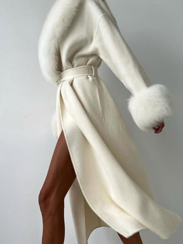 Faux Fur Trim Wool Long Coat