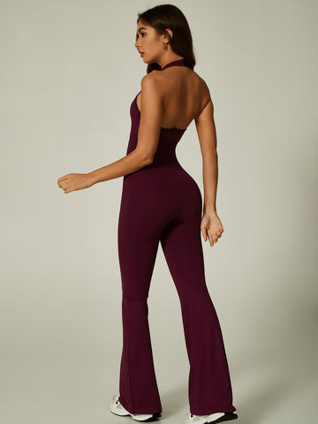 Halter Neck Flared Leg Elegant Yoga Jumpsuit-Multicolor