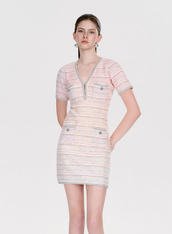 Elegant Tweed V Neck Mini Dress