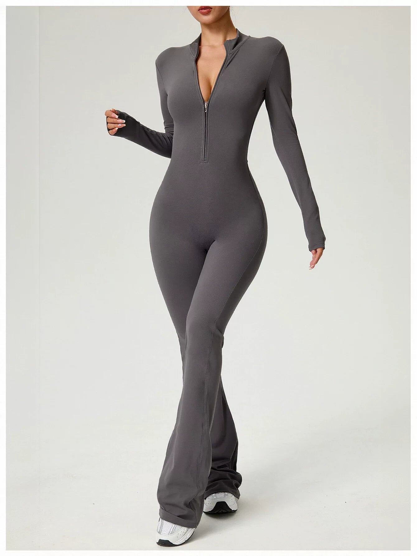 Sculpting Zip Front Flare Jumpsuit