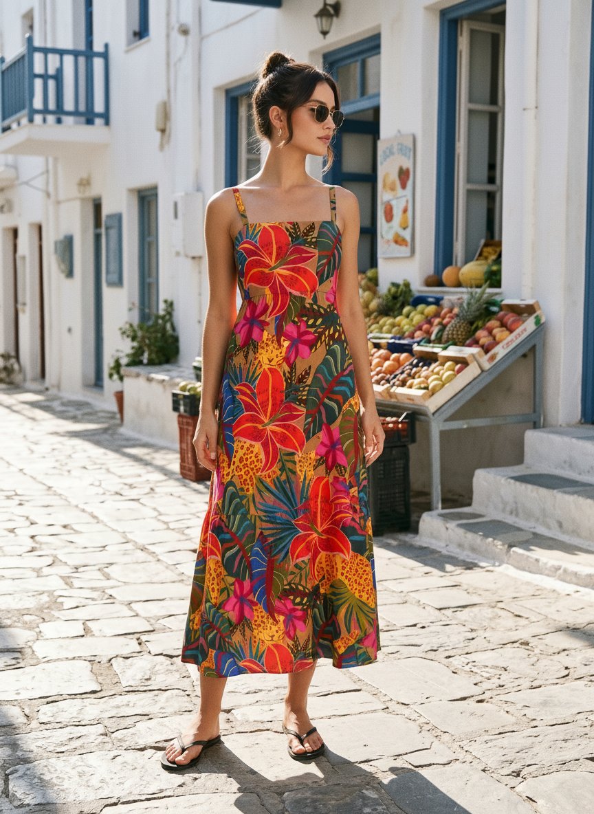 FLORA Floral Print Tiered Strap Midi Dress