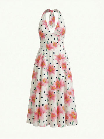 Floral Print Halter Neck Tie Back Midi Dress