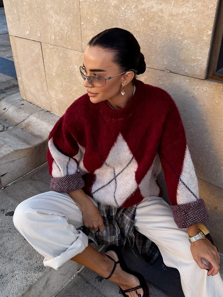Oversized Argyle Fuzzy Knit Pullover Sweater