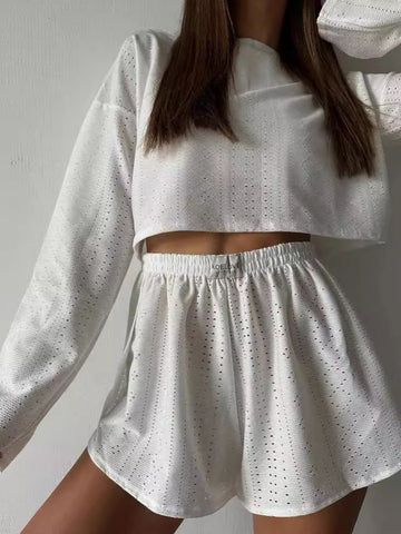 Eyelet Cropped Long Sleeve Lounge Set