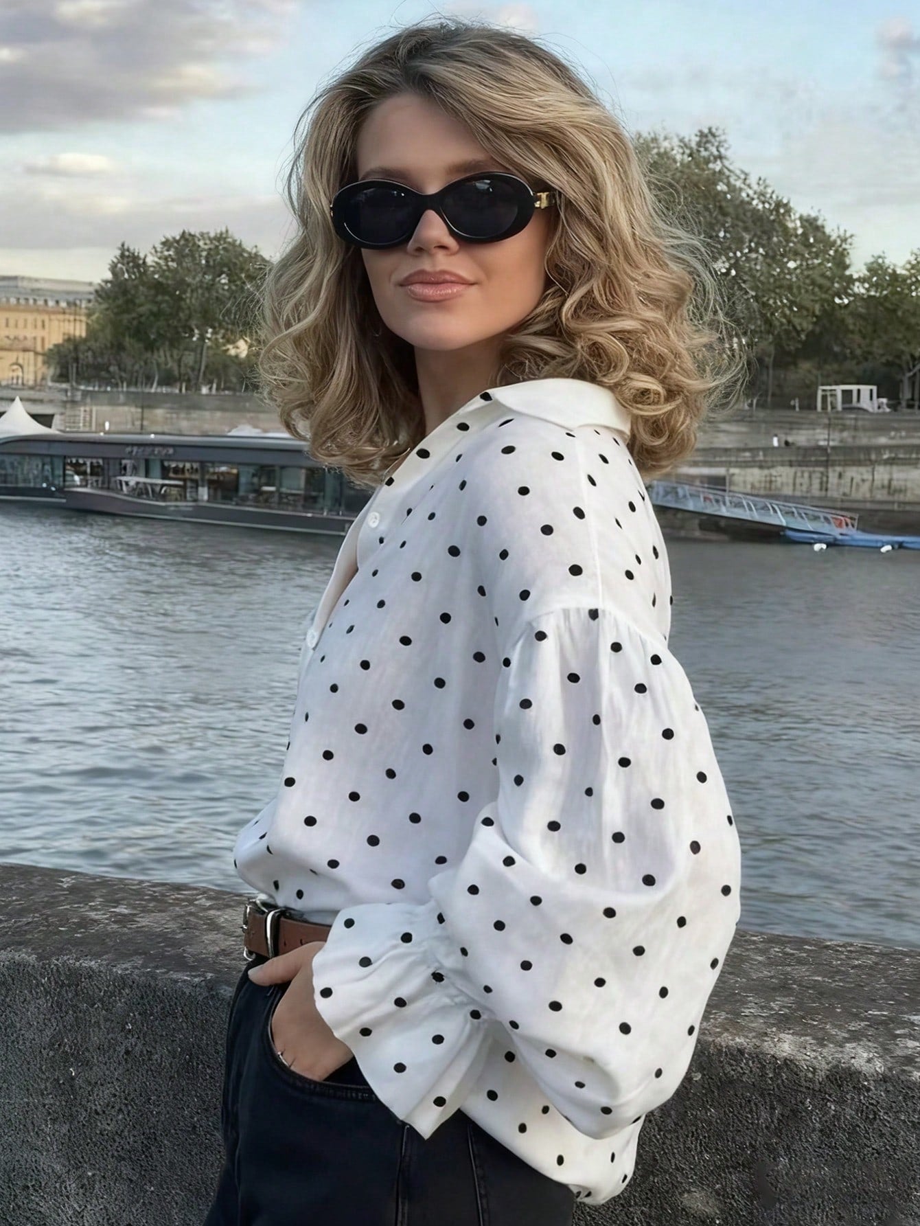 Polka-dot Relaxed Fit Eleant Blouse-White