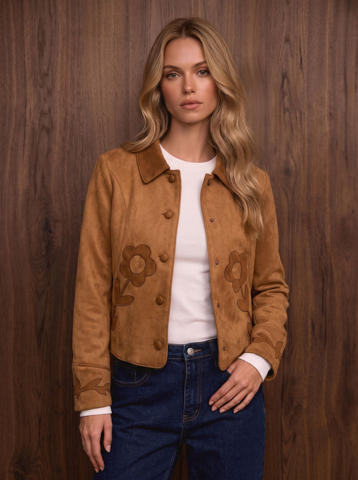 Embroidered Suede Button Up Jacket