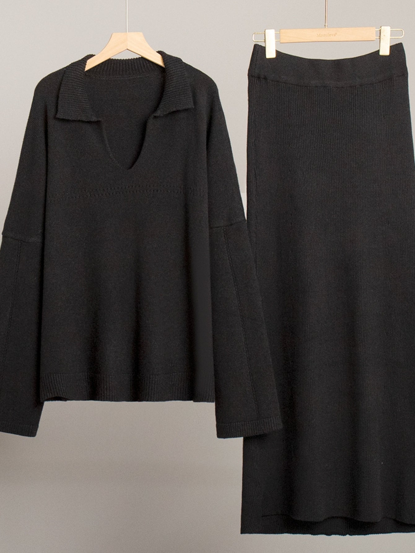 Cozy Collared Knit Sweater Skirt Set