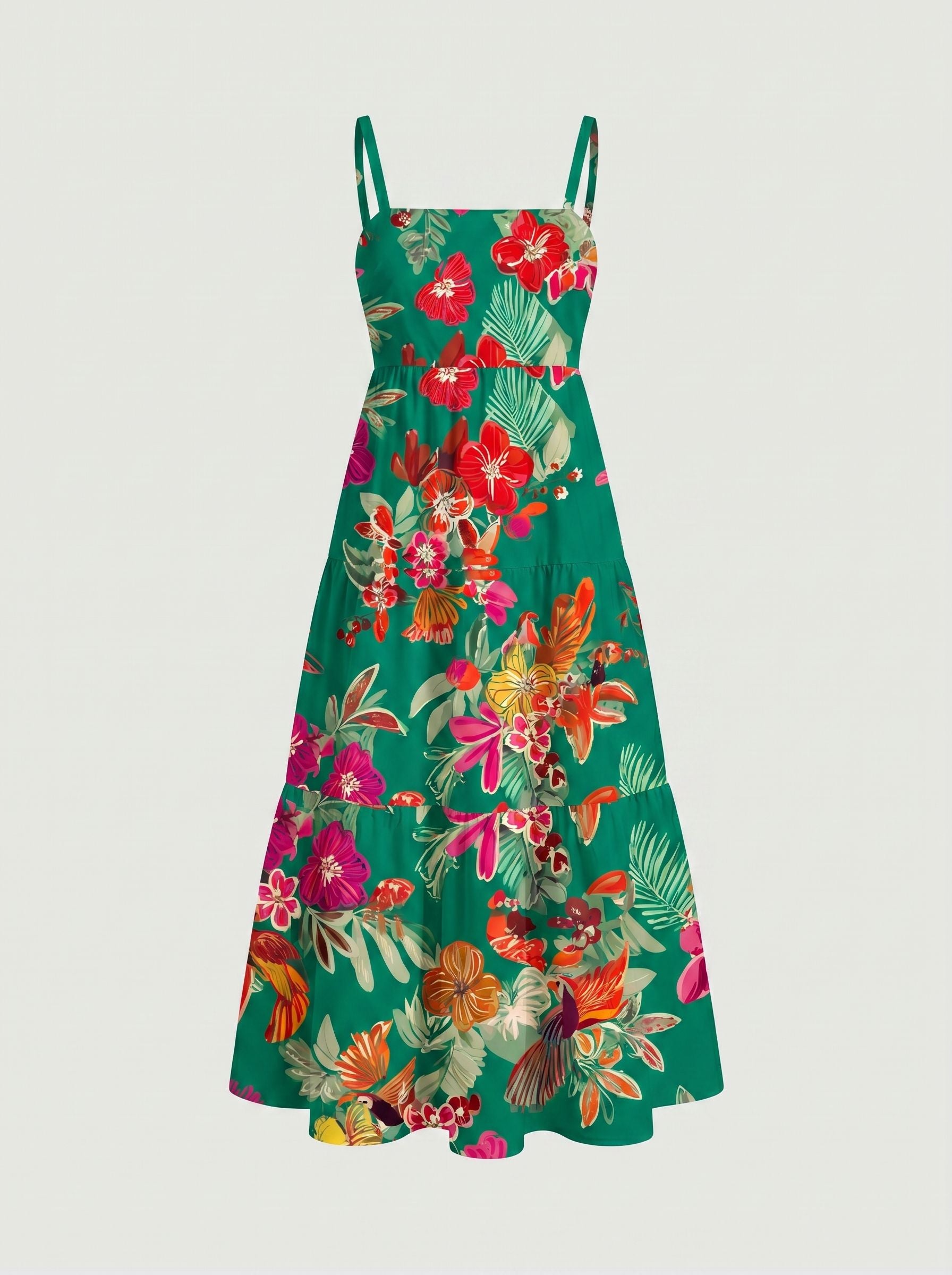 FLORA Floral Print Tiered Strap Midi Dress