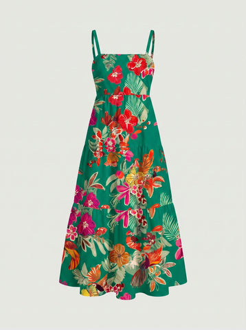FLORA Floral Print Tiered Strap Midi Dress
