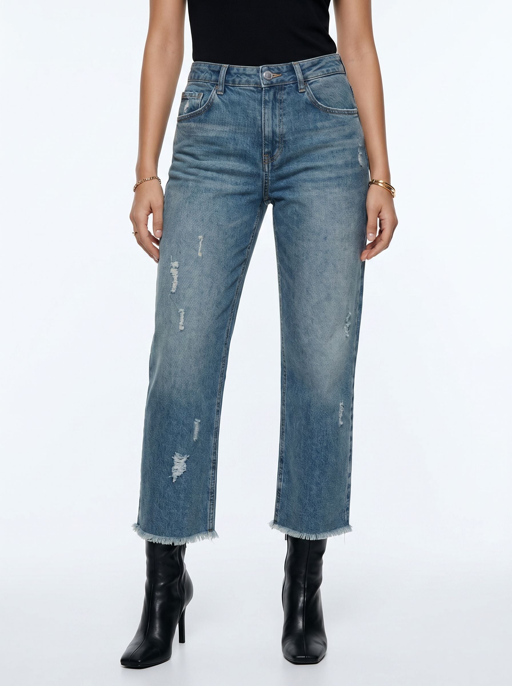 High Rise Distressed Straight Jeans