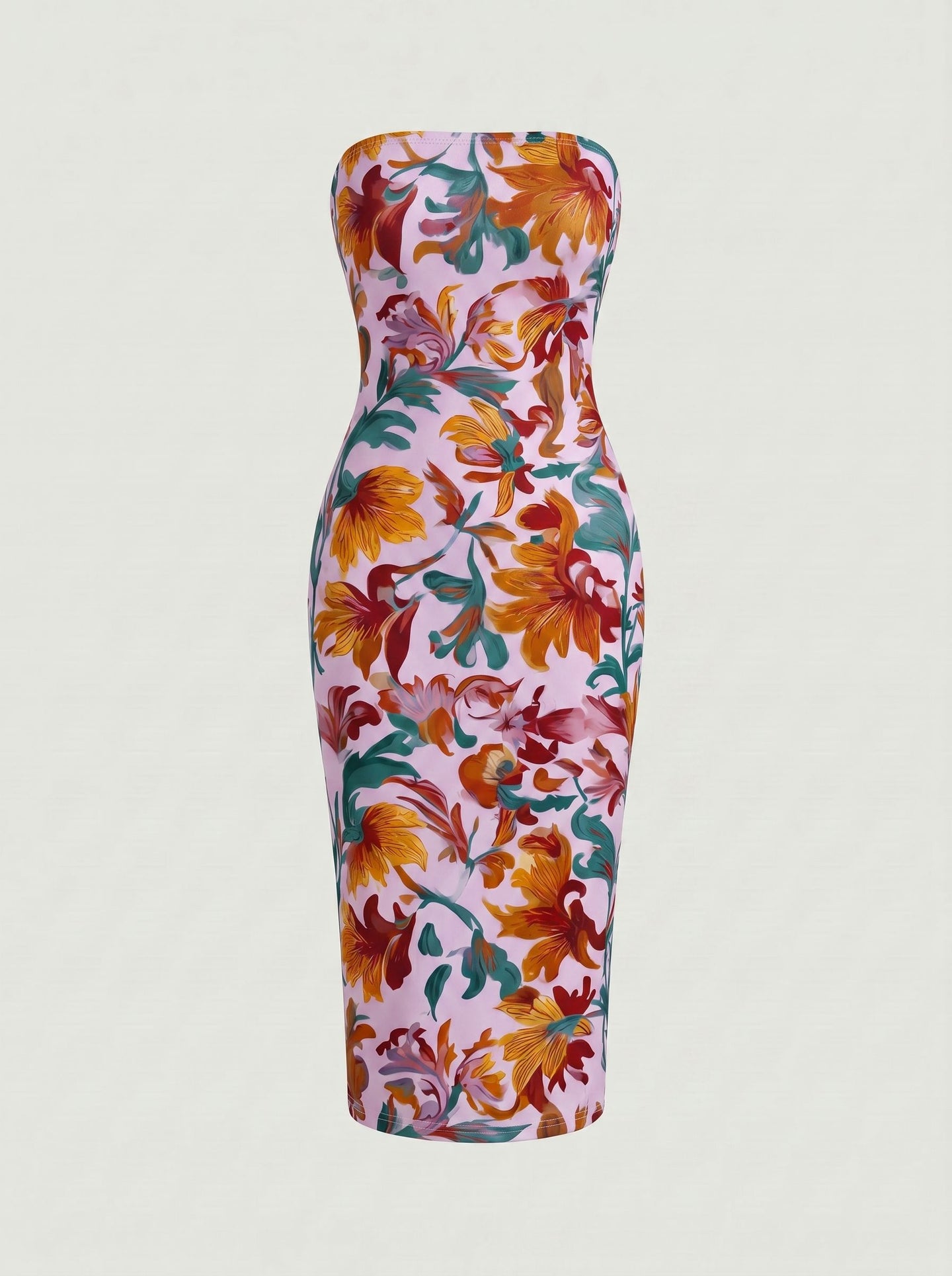 MAIA Retro Tropical Botanical Print Strapless Sheath Midi Dress