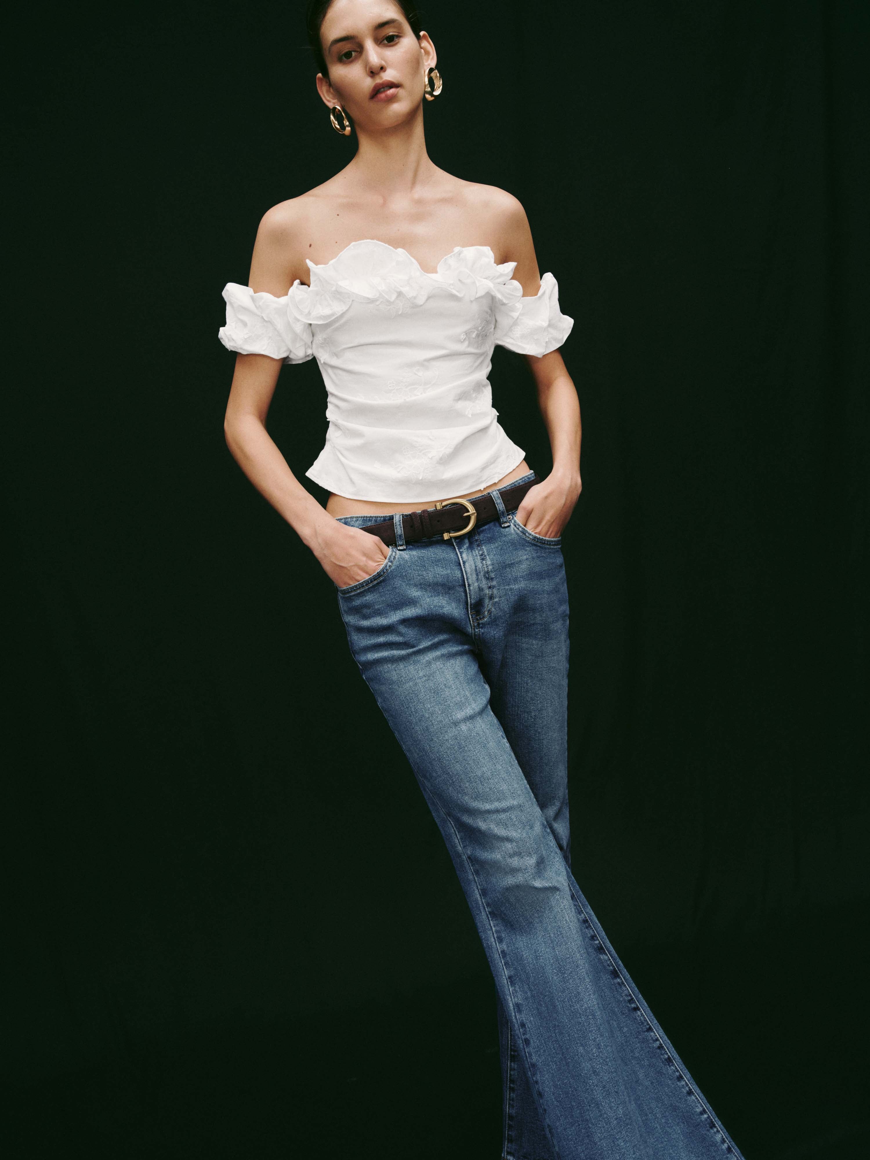Ruffle Trim Embroidered Boat Neck Overhead Shirts