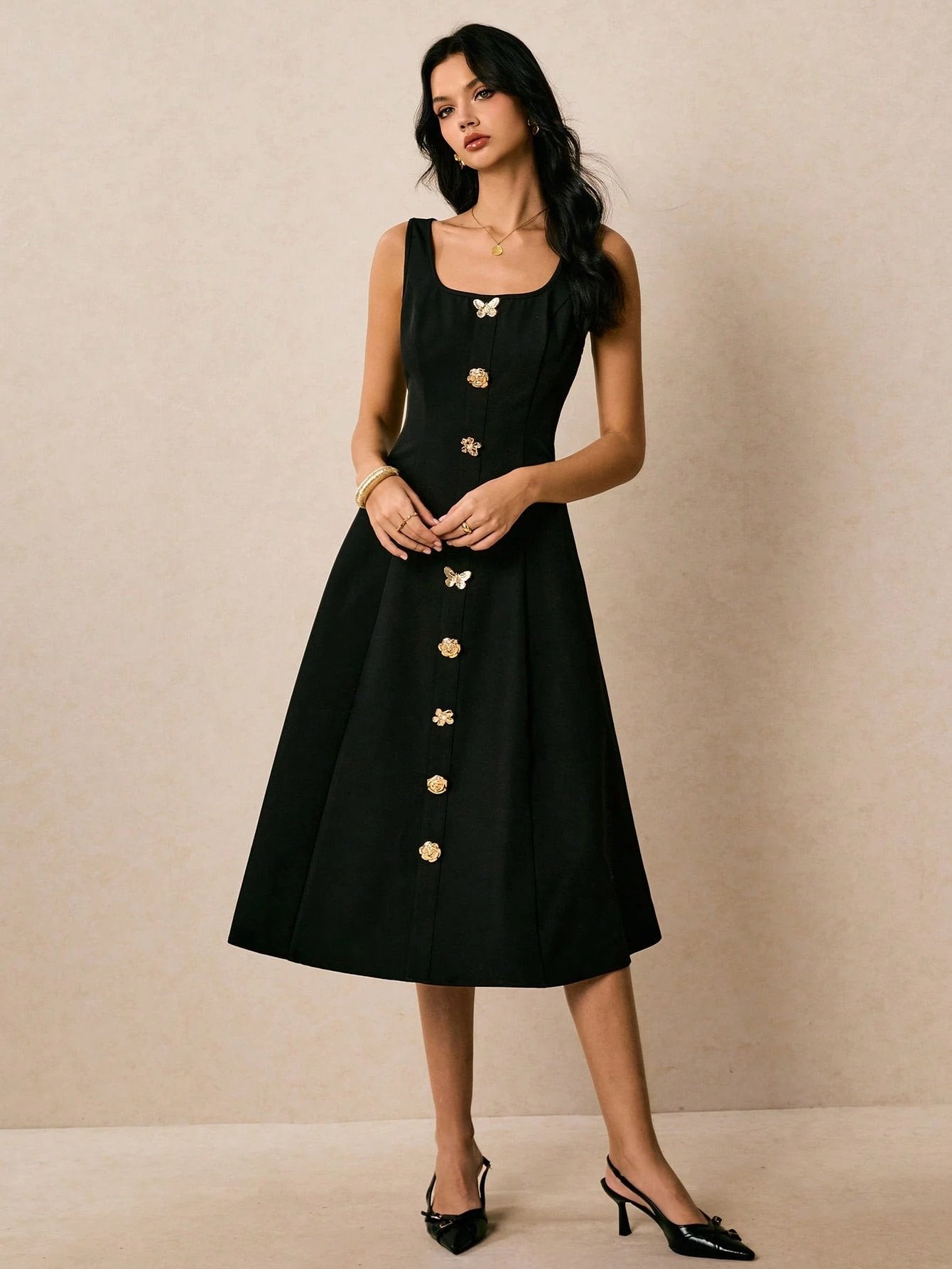 Button-Front A-Line Sleeveless Elegant Midi Dress-Black