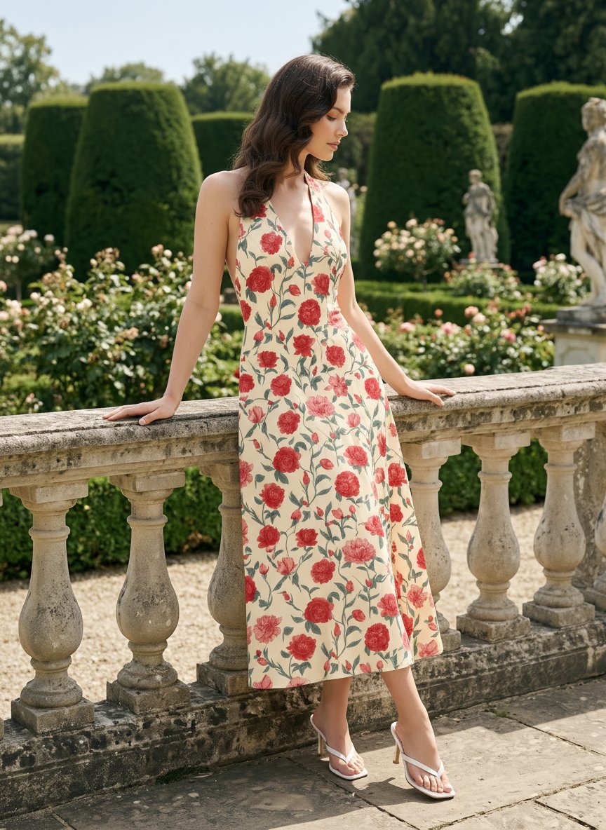 Floral Print Halter Neck Tie Back Midi Dress