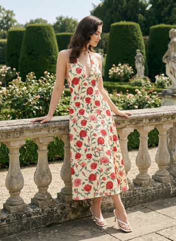 Floral Print Halter Neck Tie Back Midi Dress
