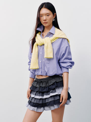 Urban Revivo Drawstring Contrast Check Tiered Ruffle A-Line Mini Skirts